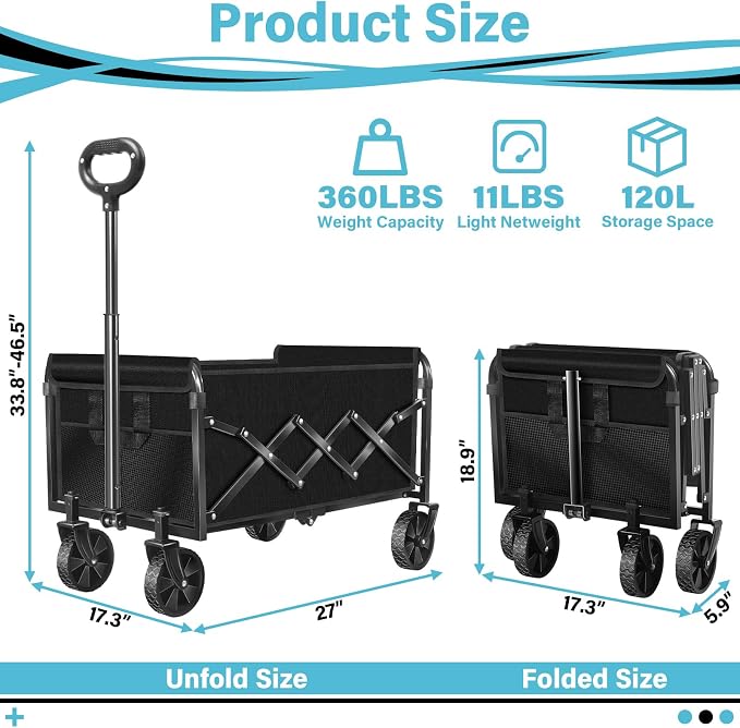 Collapsible Wagon Cart with All-Terrain Wheels - Folding Utility 360LBS Heavy Duty Wagons Carts for Grocery Sports Garden Shopping Camping Fishing (Black, 120L)