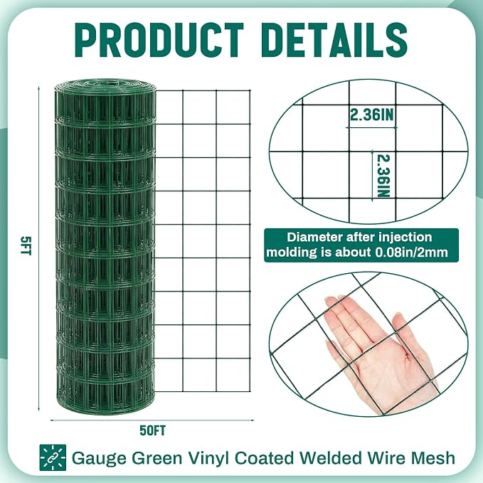 Gisafai 16 Gauge Galvanized Welded Wire Fence 5 ft x 50 ft PVC Coated Hardware Cloth, 2.36" x 2.36" Mesh, Heavy Duty Garden Fencing Roll for Yard Chicken Dog, Deer Cattle & Animal Protection(Green)