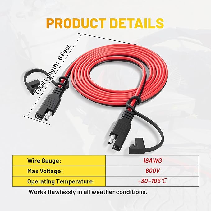 Oyviny 6FT 16AWG SAE Extension Cable with Polarity Reversing Adapter, Heavy Duty 2 Pin SAE Quick Connector with Dust Caps for Solar Panel Automotive Battery Charger Trolling Motor 12V