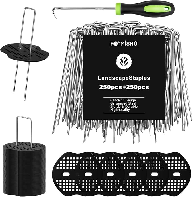 Landscape Staples 6 Inch 250Pcs Garden Stakes +250pcs Gasket, Galvanized Lawn Pins Spray Coating Yard Ground Spikes, U-Type Staples for Weed Barrier Anchoring Outdoor Tents Hoses