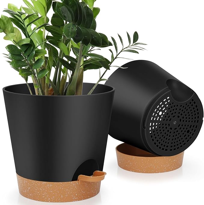 YNNICO 8-Inch Plant Pots, Self-Watering Planters with Drainage Holes & Saucers for Indoor and Outdoor Plants (2-Pack,Black)