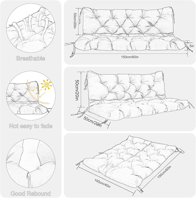 Porch Swing Cushions Outdoor 60 inch x 40 Waterproof Swing Cushions 3 Seater Replacement with Backrest & 8 Ties 5" Thick Bench Swing Cushions for Outdoor Furniture Patio(Orange)