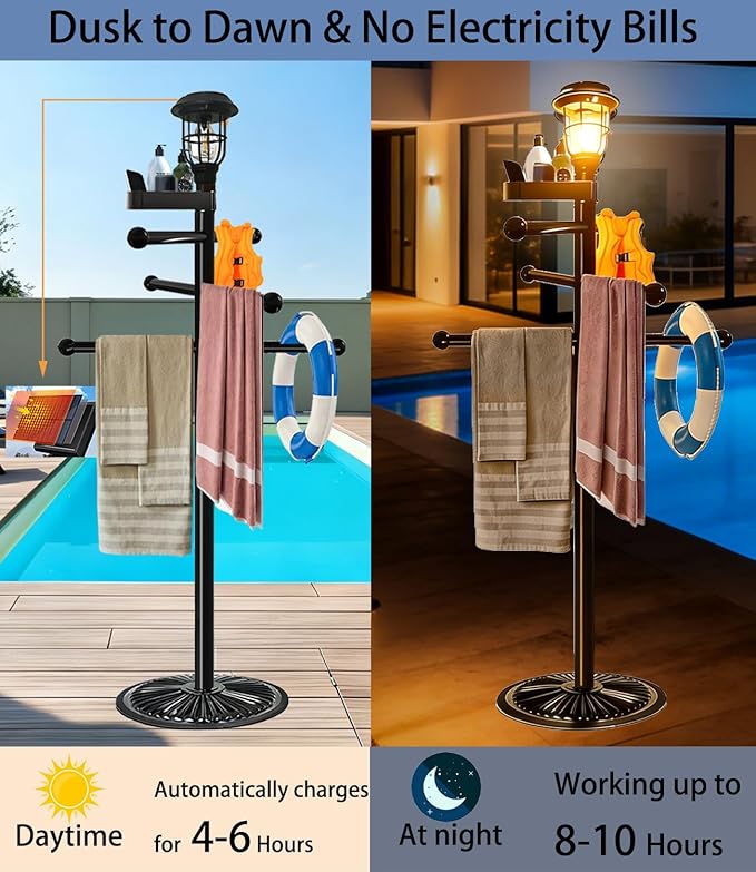 Pool Outdoor Towel Rack with Solar Light, 6 Bars with Top Tray Metal Heavy Duty Pool Accessories with Heavy Metal Base, Hot Tub Accessories for Pool and spa