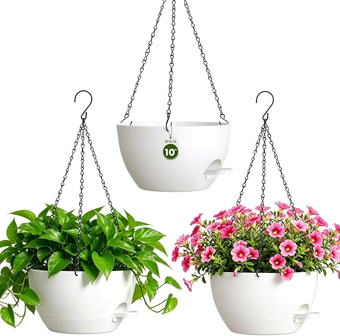10 Inch Self Watering Hanging Planters, 3 Pack Plastic Plant Pots | Sturdy lightweight pot with side watering lip, drainage holes, snap-on detachable tray & hanging chain for easy care