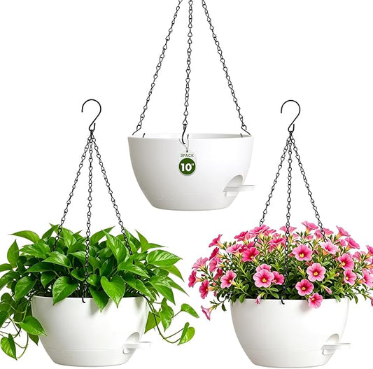 10 Inch Self Watering Hanging Planters, 3 Pack Plastic Plant Pots | Sturdy lightweight pot with side watering lip, drainage holes, snap-on detachable tray & hanging chain for easy care