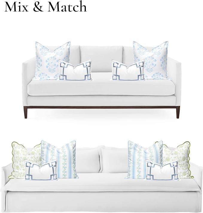 Hofdeco Premium Coastal Patio Indoor Outdoor Lumbar Pillow Cover Only, 12"x20" Water Repellent for Backyard, Couch, Baby Blue Embroidered Frame Greek Key (Pack of 2)