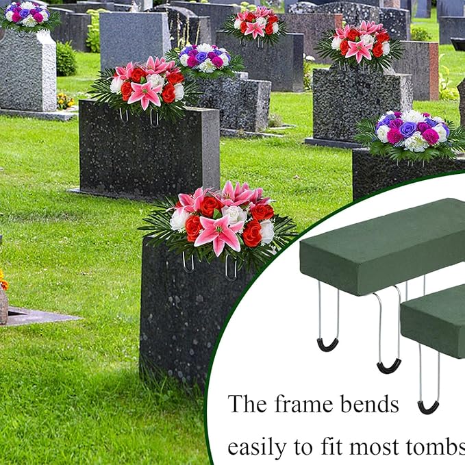 Headstone Flower Saddles, 4 Pcs 12’’ Metal Gravestone Saddles with Floral Foam for Grave Cemetery Headstones Tombstone Decoration (4)