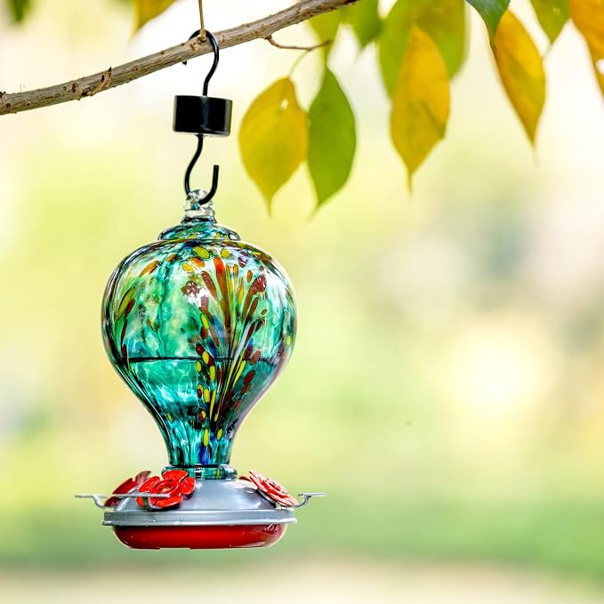 Hummingbird Feeders 32OZ Glass Hummingbird Feeder with Ant Moat, Yard Porch Decor (Teal Blue) | LaElvish Garden Hummingbird Feeders 32OZ Glass Hummingbird Feeder with Ant Moat, Yard Porch Decor (Teal Blue)