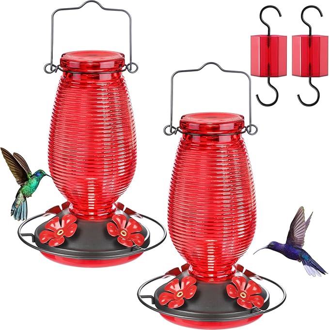 FEED GARDEN Glass Hummingbird Feeder for Outdoors Hanging, 20 OZ Humming Birds Feeders with 6 Bee Guard Feeding Ports & Built-in Ant Moat, Bird Feeder for Outside, Red,2 Pack