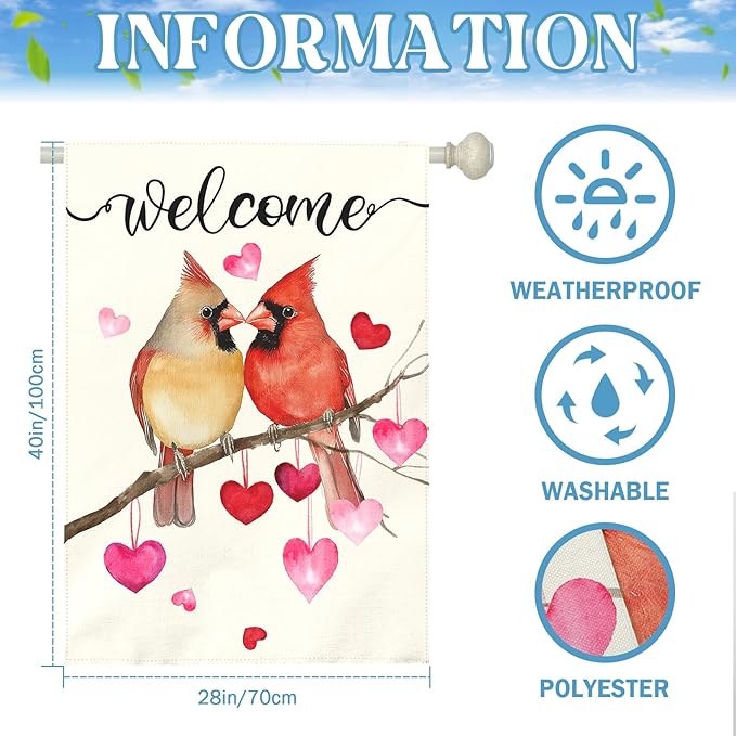 Welcome Valentine's Day Garden Flag Cardinal Love Heart Vertical Double Sided House Banner Holiday Anniversary Wedding Red Birds Large Yard Flags Farmhouse Valentines Day Decor 28 x 40 Inch