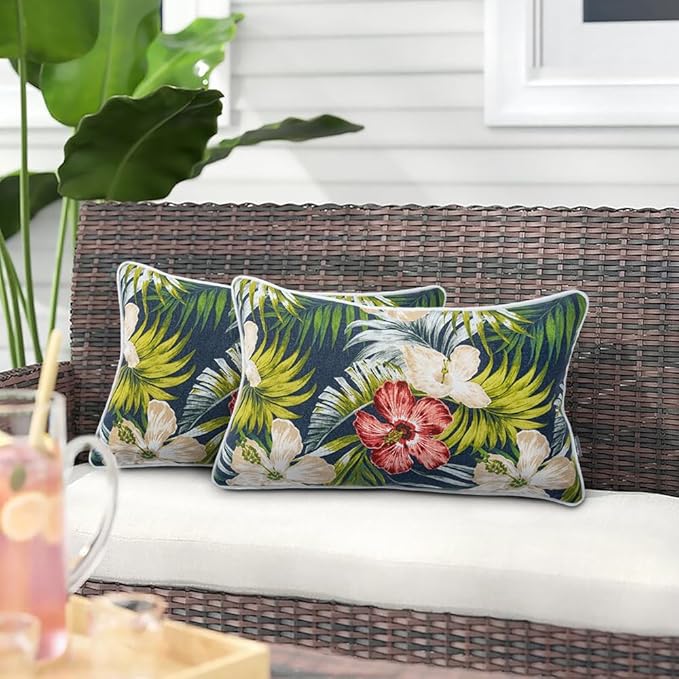 Magpie Fabrics Pack of 2 Outdoor Lumbar Pillow Case Covers 12"x20", Waterproof Rectangular Throw Pillowcase Shell Decorative Sham for Patio Garden Couch - Midnight Floral