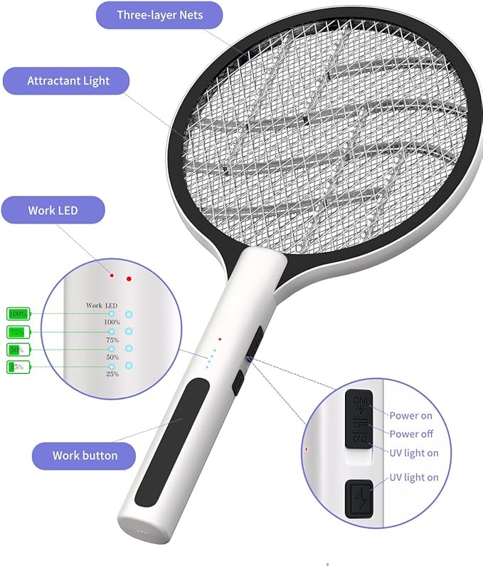 Electric Fly Swatter 4500V Bug Zapper Racket, 2 in 1 Handheld Fly Zapper & Purple Mosquito Killer Rechargeable and 3-Layer Safety for Indoor Home Office Backyard Patio Camping