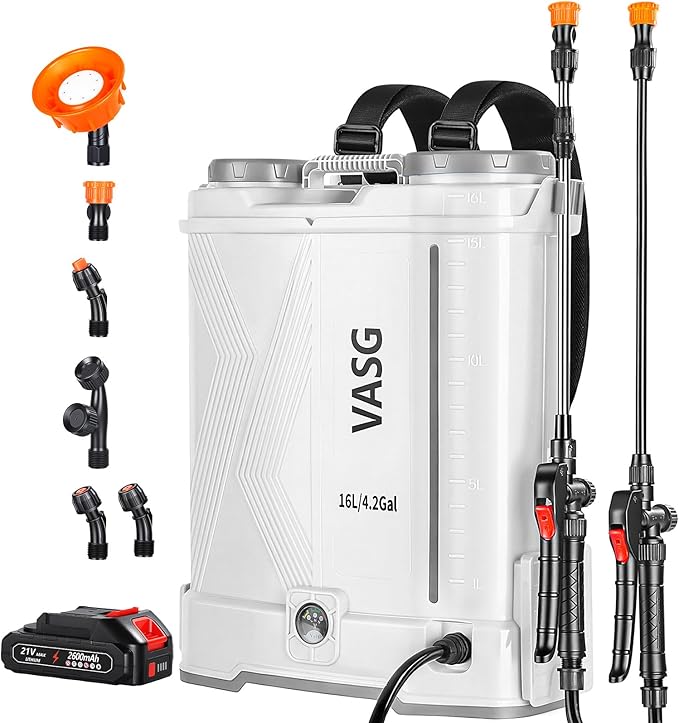 Battery Powered Backpack Sprayer 4 Gallon, 21V 2.6Ah Electric Weed Pump Sprayer with 6 Nozzles, Telescopic Wand (Stainless Steel + Plastic) for Garden Weed Lawn Yard Clean, Charger Included