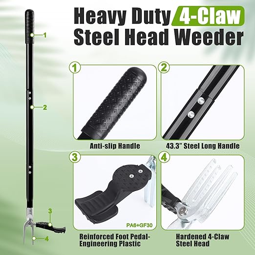 Stand Up Weed Puller Tool, 4-Claw Steel Head Heavy Duty Weeder, Adjustable Long Handle Garden Weeding Tool for Effortless Weed Removal Without Bending Kneeling Pulling