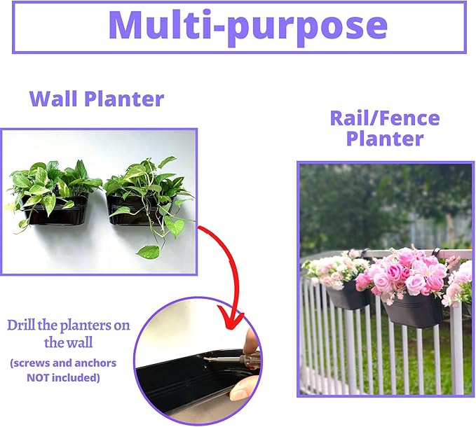 LaLaGreen Outdoor Plants Rail Planter (11.2 Inch, 8 Pack) Black Metal Iron Hanging Flower Pots Deck Railings Fence Buckets Modern Garden Boho Style Wall Mount Window Box Plant Holder Hooks Porch Decor