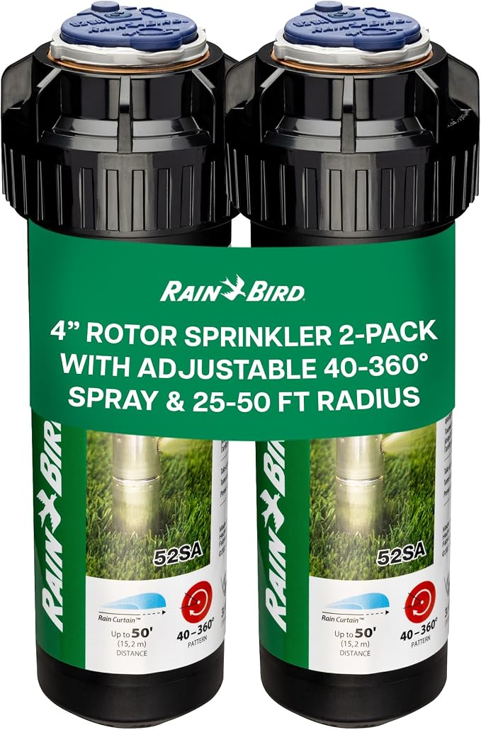 Rain Bird 52SA Premium Gear Drive Rotor Sprinkler Head, 2 Pack - Stainless Steel Shaft for Longer Life - 4 inch Pop Up Lawn Sprinkler with 3/4 inch Inlet, Adjustable 40-360 Degree Arc, 25-50 ft Radius