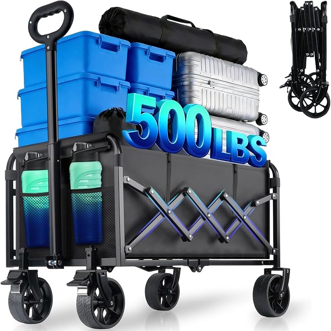 500LBS Collapsible Wagon Cart Foldable - 230L Large Heavy Duty Utility Cart with 360°Swivel Brake Wheels, Lightweight Collapsible Wagon for Groceries Camping & Beach