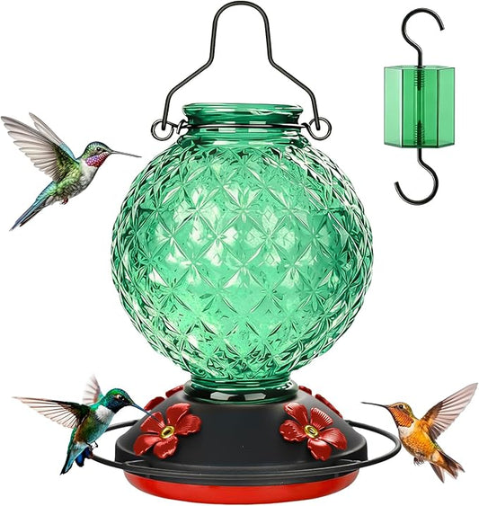 25 OZ Glass Hummingbird Feeder for Outdoors, Leak Proof Hummingbird Feeder with Ant Moat, 4 Bee Resistant Feeding Ports, Easy Clean Wide Mouth Design, 360° Perch, Green