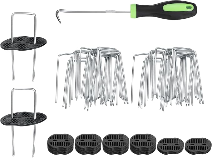 uxcell 50Pcs Garden Stakes, 4 Inch 11 Gauge Galvanized Landscape Staples U-Type Turf Stake Sod Pin Plant Stakes with Gasket&Hook for Landscaping Securing Weed Barrier Fabric, Silver