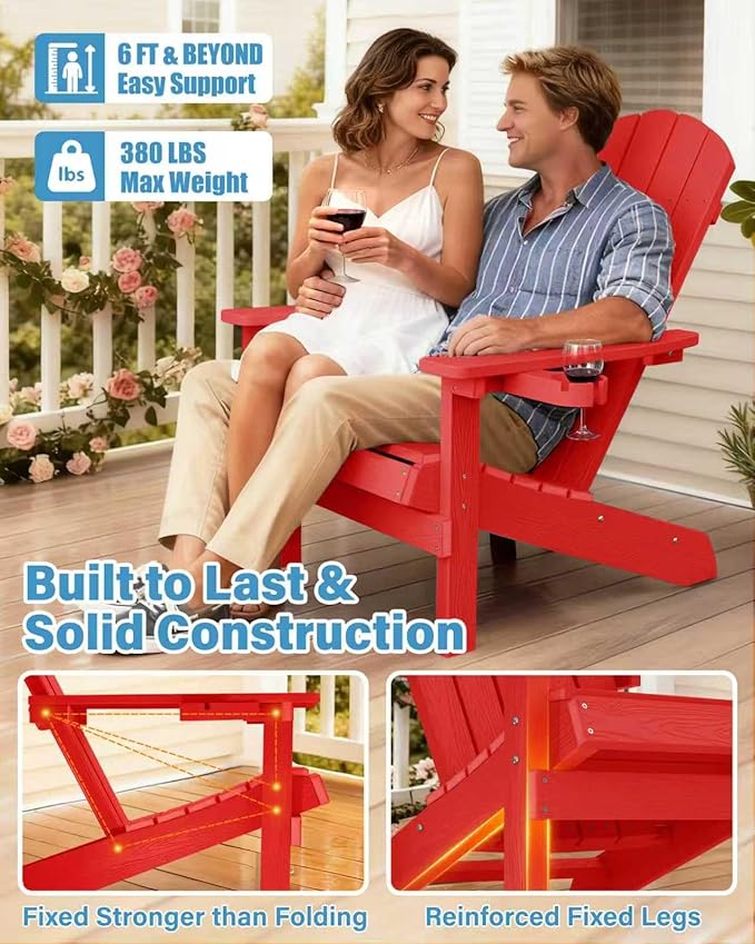 YEFU Adirondack Chairs Set of 2: Plastic Adirondack Chairs - Patio Chairs with Wood Texture - Outdoor Chair HIPS - Lawn Fire Pit Deck Porch Garden Chairs for Adults (Red)