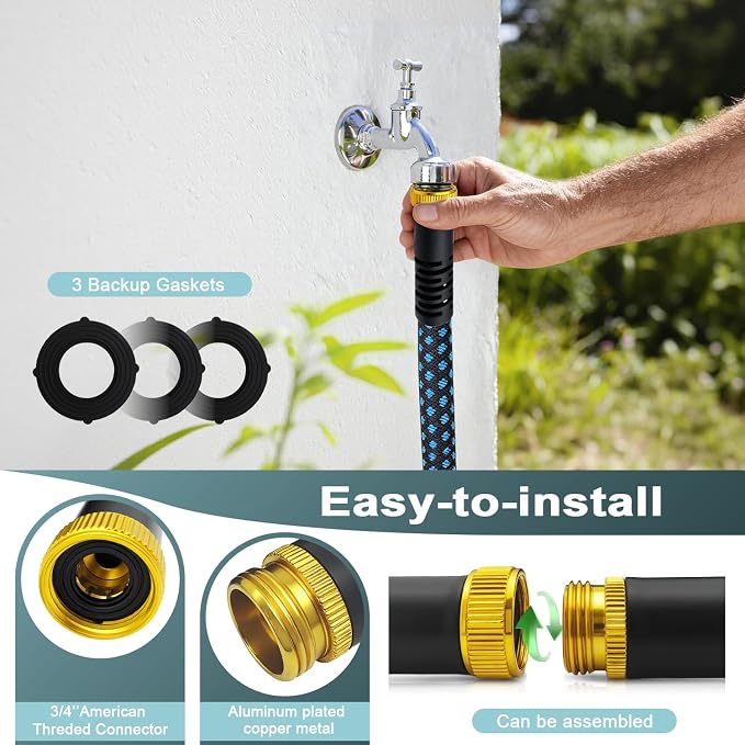 garden hose, non-extendable and ultra-lightweight 25 ft, equipped with 10-function nozzle. Kink-free, sturdy, flexible, and wear-resistant, suitable for use in yards, lawns, outdoors (25 FT)