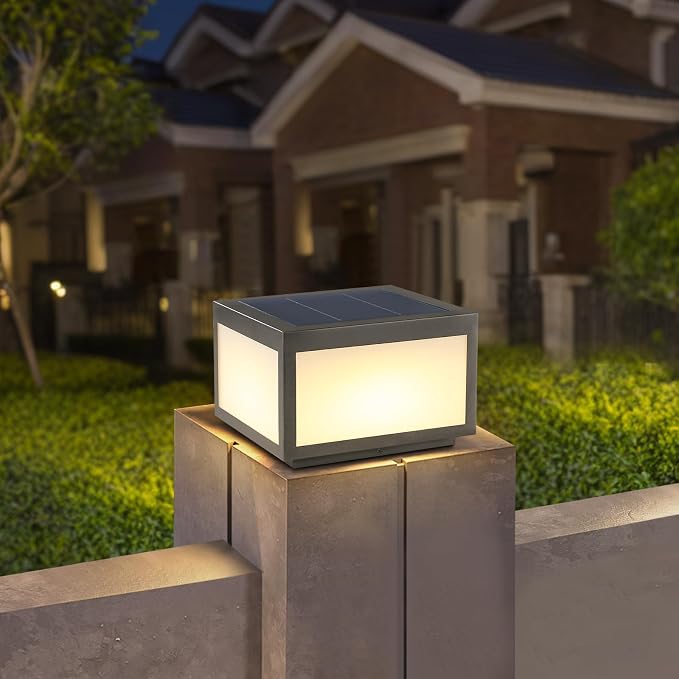 Solar Post Lights Outdoor Pillar Light,Solar Cap Column Lighting LED Square Deck Cap Lamp for Flat Surface Patio Garden Decoration, Stainless Steel Lamp Post Dusk to Dawn with IP65 Waterproof（10"x10"）