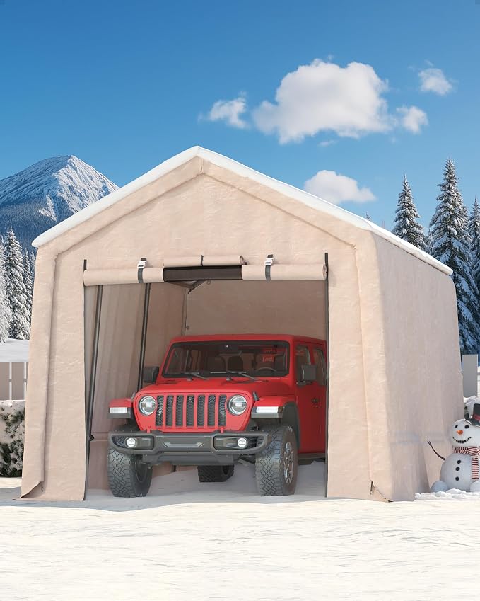 GarveeLife Outdoor Portable Storage Shed with Roll-Up Door & Vent, 240G Heavy-Duty Shelter Waterproof PE Tarp, UV-Resistant Storage Sheds for Motorcycle, Firewood, Garden and Tools (Khaki, 10'x15')