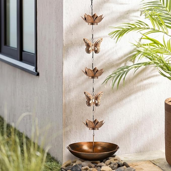 MorningRo Brass 8.5ft Rain Chains for Gutters Outside with Anchor Basin 12 Cups Rain Chain Catcher Downspout Replacement Adjustable Metal Garden Rainwater Divert for Eaves Drainage (Butterfly)