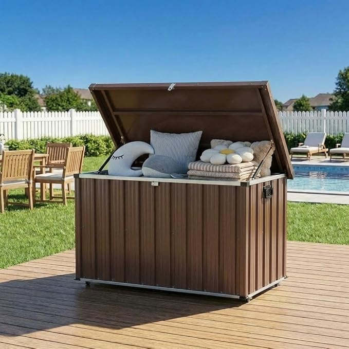Metal Deck Box Waterproof, 160 Gallon Large Metal Outdoor Storage Box with Soft-Close Lid, Wheels & Side Handles, Galvanized Steel Patio Storage for Cushions, Pool Gear, Garden Tools, Backyard & Porch