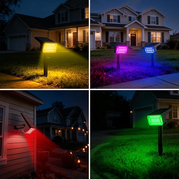 Fabrito Color Changing Solar Spot Lights Outdoor 8 Pack, [6+1 Lighting Modes] Auto On/Off RGB Spotlights, Waterproof Multicolor Landscape Lights for Garden, Tree, Halloween, Christmas
