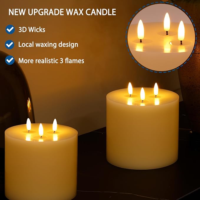 Extra Large Flameless Pillar Candle 6x6, 3 Wick Battery Operated LED Candle with Remote & Timer, 3D Triple Flame Real Wax Shell Candle for Cozy Home Decor