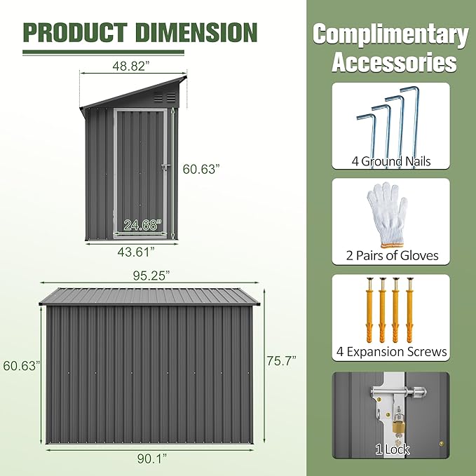 YOPTO 4x8 FT Lean to Outdoor Storage Shed,Metal Shed W/Floor Frame & Reversible Installation,All Weather Waterproof Garden Tool House W/Lockable Door & 2 Air Vents,for Backyard,Patio,Lawn,Gray