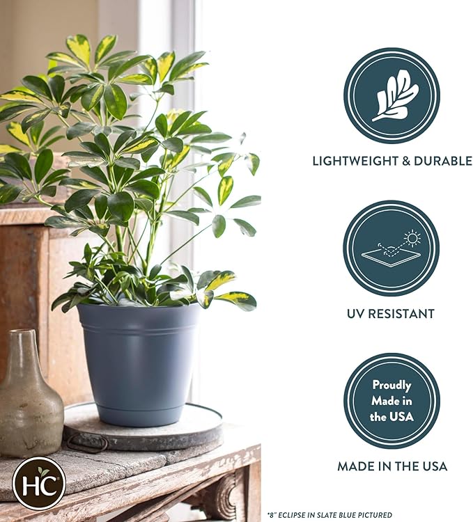 The HC Companies Eclipse Round Planter with Saucer - Outdoor & Indoor Plant Pot with Drainage Holes - Lightweight, UV-Resistant Plastic Pots for Plants, Flowers & Herbs (10" Clay, Pack of 1)