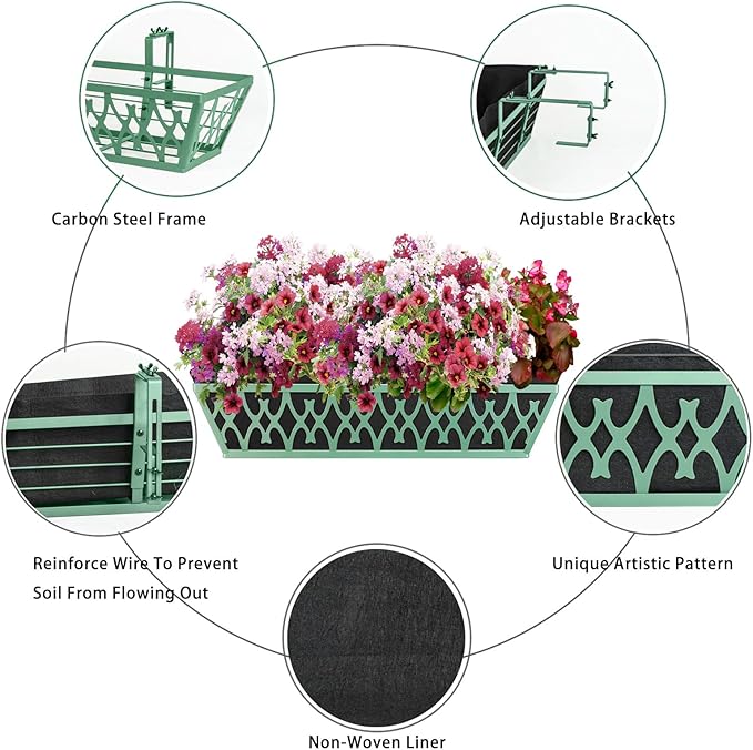 4 Pack 24 Inch Window Boxes Planters Railing Planter Box with Adjustable Brackets & Non-Woven Fabric Plant Grow Bags Deck Railing Planter Boxes Balcony Hanging Flower Box for Outdoor Plants