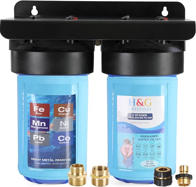 H&G lifestyles Pool Filling Hose Water Filter, Garden Hose Iron Filter for Well Water, Reduces Calcium Magnesium, Hot Tub & Pool Water Filter System, 3/4" GHT Brass Fittings, 70,000 Gallons