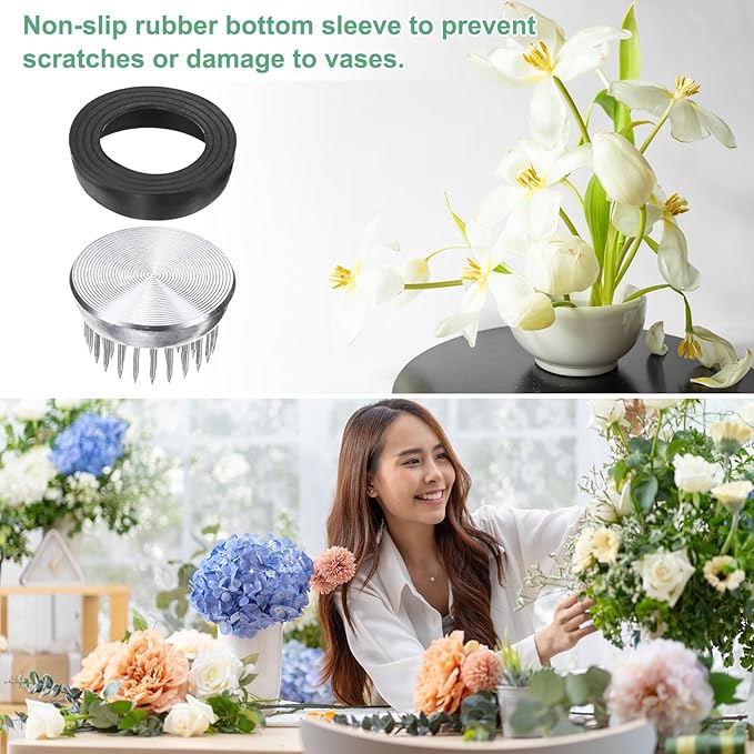 M METERXITY 2-Pack Flower Frog 1.34" Round Steel Floral Arranger Pins Ikebana Holder W Rubber Base for Flower Arrangements/Craft Plant/Home Decor, Floral Kenzan Fixed Tool [1.1cm Pins]