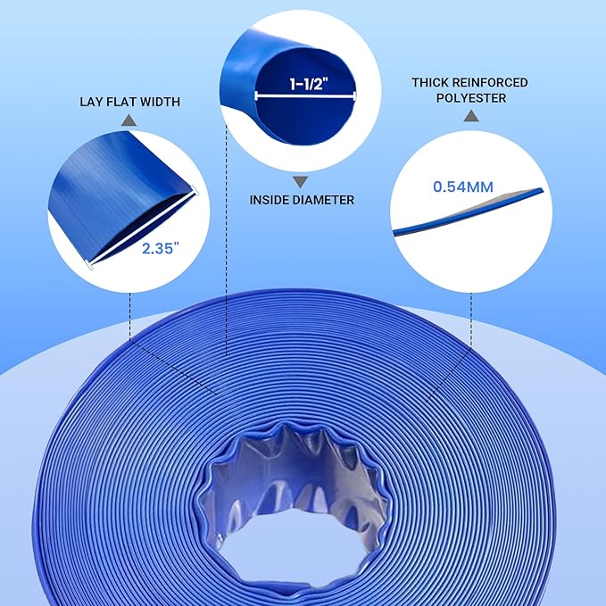 Poolvio Backwash Hose 1-1/2" x 50 ft, Blue Lay-Flat PVC Discharge Hose with 2 Stainless Steel Thumb Screw Clamps, Leak-Free for Swimming Pool Filter Cleaning, Flooded Area, Pond Draining