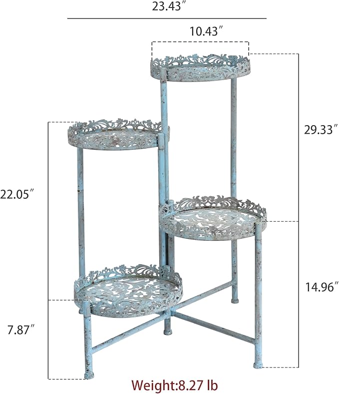 4-Tier Vintage Distressed Blue Metal Plant Stand, Foldable Corner Flower Pot Holder Shelf for Indoor Outdoor, Rustic Plant Rack for Patio Porch Garden Balcony Living Room