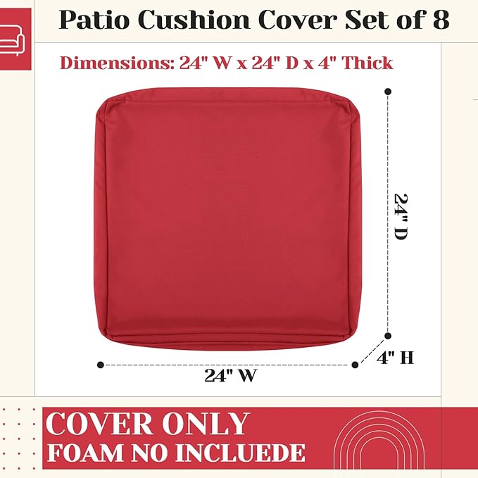 Mindsoft 8 Pcs 24"x24" Patio Cushion Covers Outdoor Cushion Covers Replacement High UV Resistant Anti Slip Waterproof Patio Chair Seat Slipcovers for Outdoor Furniture(Red)