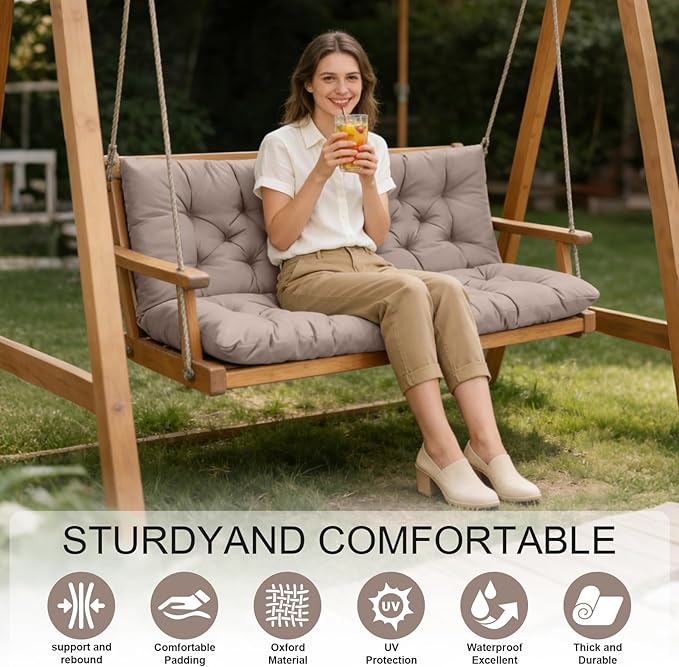 Porch Swing Cushions, Outdoor Swing Replacement Cushions 3 Seater with Backrest, Waterproof Bench Cushion with Ties,for Patio,Porch, Garden,Backyard