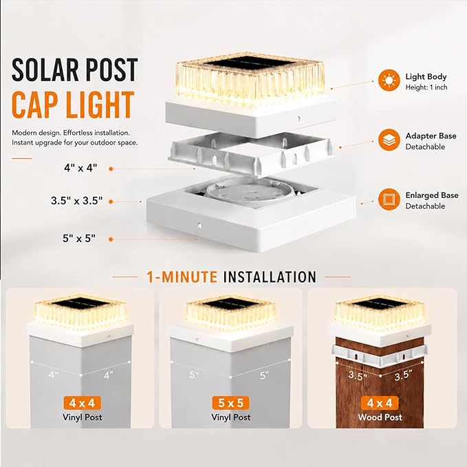 Solar Post Cap Lights Outdoor, 2 Pack Waterproof Fence Post Solar Lights 3000K with Fade-Proof Clear Lampshade Deck Post Lights Fit for 3x3 4x4 5x5 Vinyl/Wood Posts Garden Patio Porch