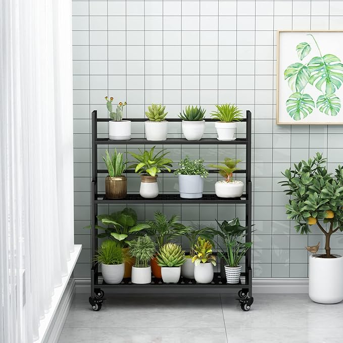 YIZAJIA Plant Stand Indoor 3 Tier Metal Outdoor Tiered Stands Shelf With wheel for Multiple Plants Potted Ladder Plant Holder Table Plant Pot Stand for Window Garden Balcony Living Room