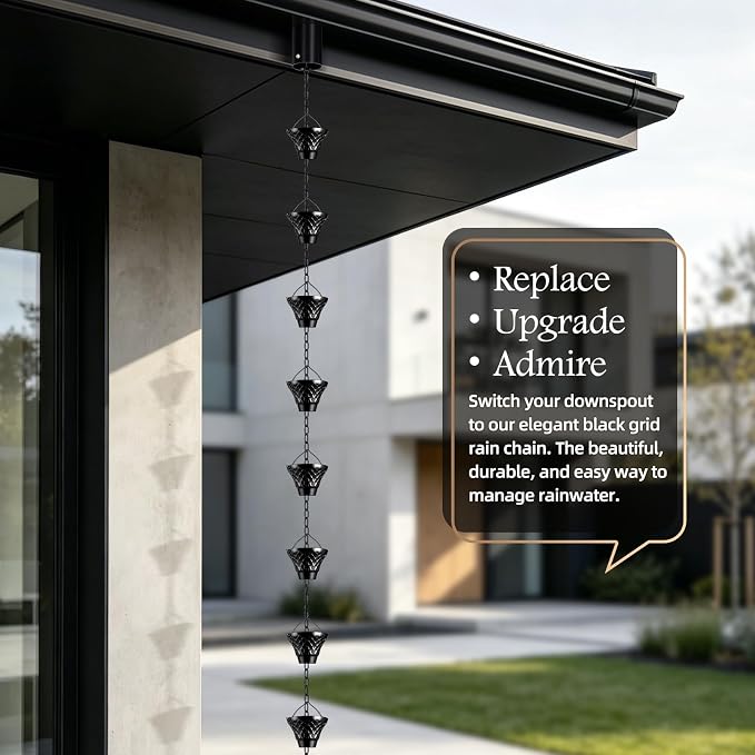 Rain Chains for Gutters Outside 8.5FT Black Rain Catcher Chain with Adapter 12 Cups Decorative Replacement for Downspout