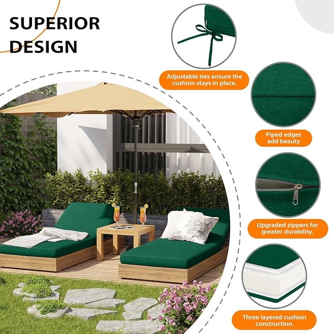 Sundale Outdoor Olefin Chaise Lounge Cushion Set of 2, Water-Resistant Patio Lounge Chair Cushion, Thick Lounger Pad with 4 Straps Dark Green, 72 x 21 x 4 Inches