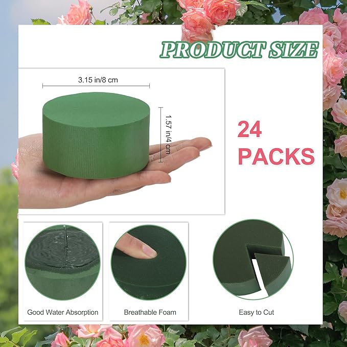 Hahood 24 Pieces Round Floral Foam Blocks 3.15 Inch DIY Flower Arrangement Kit Wet Green Floral Foam Block for Wedding Florist Supplies Wet Dry Flower Party Decorations