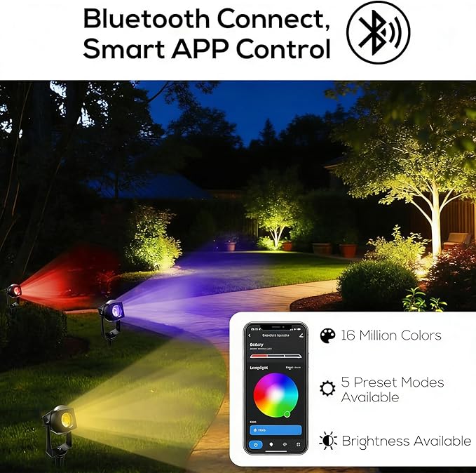 Solar Smart Bluetooth Landscape Spotlights 6 Pack, RGBW Landscape Light, Solar Spot Lights Outdoor, Solar Outdoor Uplights for Garden Trees Yard Landscape