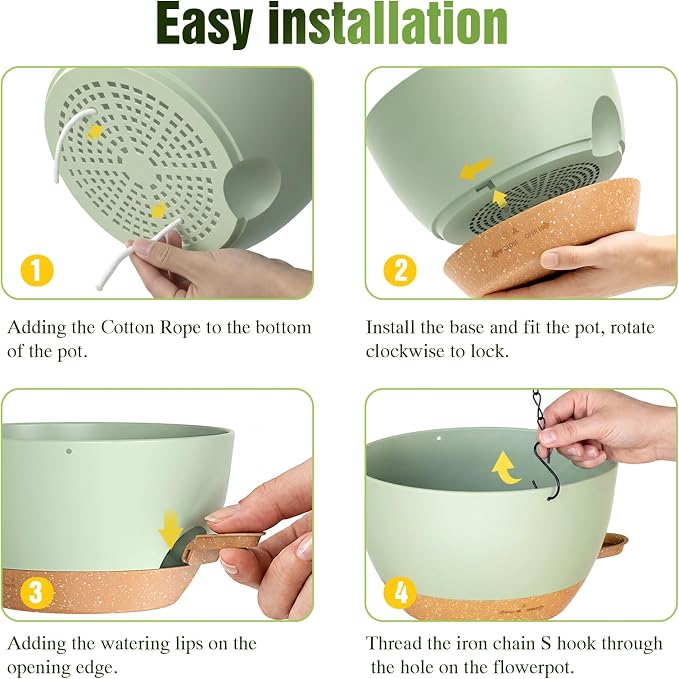 8 Inch Self Watering Hanging Planters, 3 Pack Plastic Plant Pots | Sturdy lightweight pot with side watering lip, drainage holes, snap-on detachable tray & hanging chain for easy care