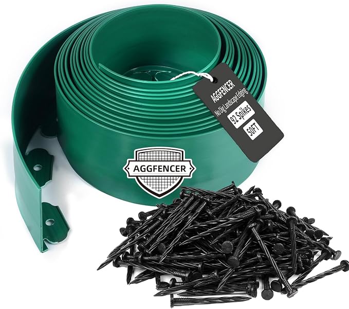 4 in x 50 Ft Garden Landscape Edging, No Dig Garden Edging Border Kit with 92 Pcs Spikes for Flower Bed Lawn Yard Grass Green