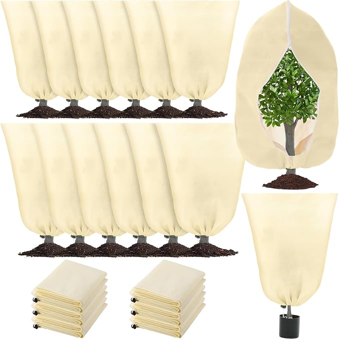 12 Pack Winter Plant Covers Freeze Protection 2 Size 47" x 32" and 24" x 32" Winter Frost Cloths Blankets with Zipper Drawstring Tree Covers for Outdoor Plants Shrubs Potted Trees(Beige)