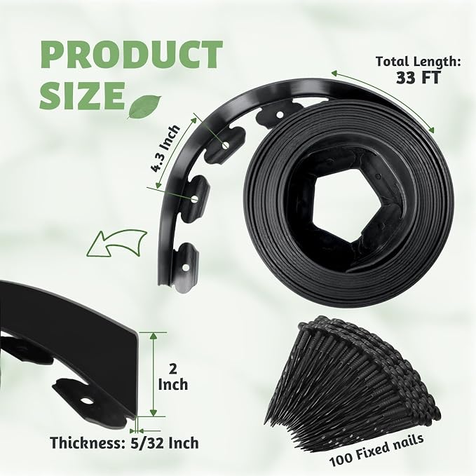 Landscape Edging - 2" High x 33 FT, Plastic Garden Edging Border with 100 Plastic Spikes, No Dig Lawn Edging for Lawn, Flower Beds, Yard, Garden Bed and Landscaping
